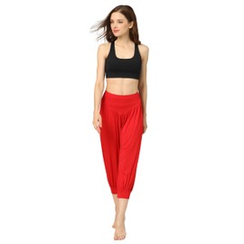 Hoerev Women Super Soft Modal Spandex Harem Yoga Pilates Capri Pants Lounge Pant,Red,Medium