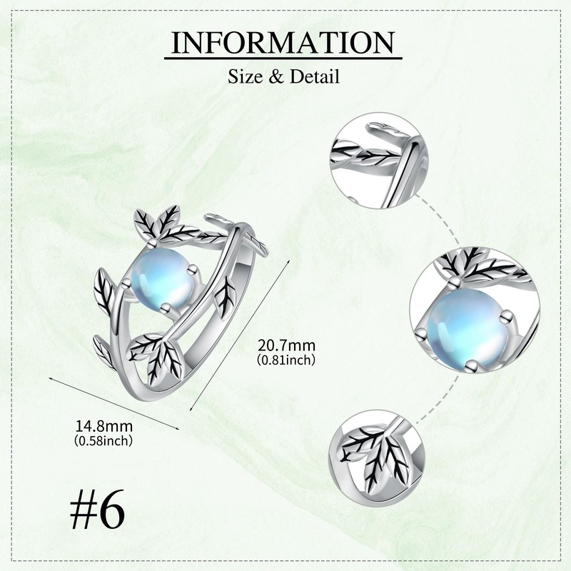 MONGAS Leaf Ring Sterling Silver Moonstone Leaf Ring Adjustable Branch