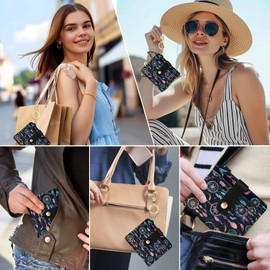 Jogjam Colorful Dream Catchers with Feathers Rfid Ladies Wallet, Small Credit Card Women Wallet, Boho Traditional Circular Net PU Leather Bifold Cash Zipper Coin Pocket for Female Blessing