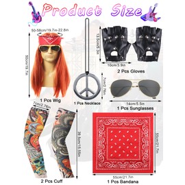 8 Pcs Rock Star Fancy Dress, 70s 80s Rock Wig Set Rockstar Costumes Accessories for Men Women with Gloves Sunglasses Temporary Tattoo Sleeves Necklace Bandana for World Book Day Disco Carnival Party