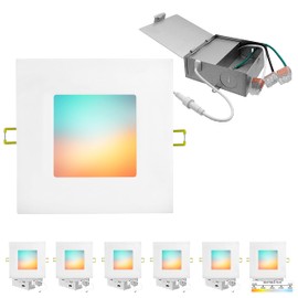 NUWATT | 6 Pack | White Square 6 inch Ultra Thin LED Recessed Ceiling Light, 5 CCT 2700K | 3000K | 3500K | 4000K | 5000K Selectable, 15W, 1050 Lumens, Dimmable Canless LED Downlight, Wet & IC Rated