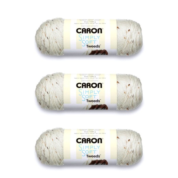 Caron Simply Soft Off White Tweeds - Paquete de 3 hilos de 141 g/5 oz - Acrílico - 4 medianos (peinado) - 250 yardas - Tejer/ganchillo