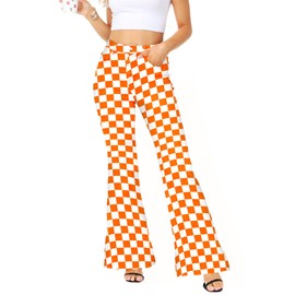 Magrank Orange Plaid Denim Pants for Women Stretch Checkered Printed Jean Casual Slim Ft Bell Bottom Pant XL