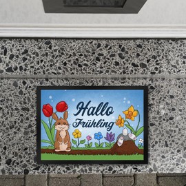 speecheese Hello Spring Doormat in 35 x 50 cm with Cute Rabbits for Easter, A Colourful Door Mat to Welcome at the Door Entrance to Ring in the Beginning of Spring