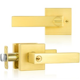SHINY HANDLES Gold Door Handles Door Knobs with Lock,Satin Brass Door Lever Keyed Front Entry Door Handle Interior/Exterior (1 Pack)