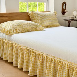 Yellow Gingham Wrap Around Ruffled Bed Skirt with Lace Decor, Plaid Grid Adjustable Elastic Dust Ruffles for Queen Bed, 15 Inch Drop Farmhouse Cottage Pleated Bed Frame Cover(Yellow Gingham, Queen)