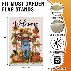 Artofy Welcome Fall Scarecrow Small Decorative Garden Flag, Autumn Harvest Sunflower Pumpkin Apple Yard Lawn Outside Decor, Thanksgiving Crow Burlap Outdoor Home Decoration Double Sided 12 x 18