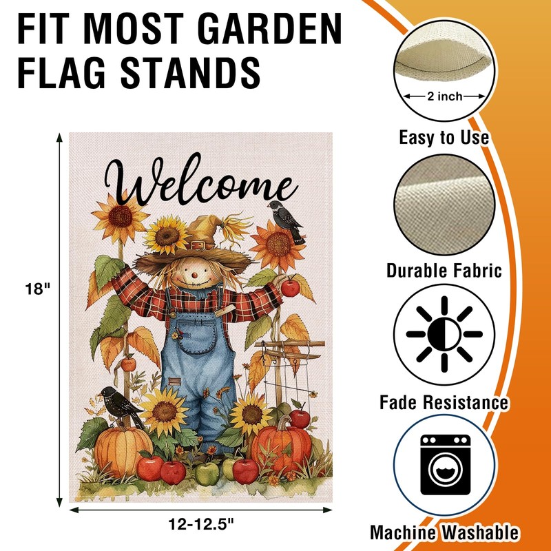Artofy Welcome Fall Scarecrow Small Decorative Garden Flag, Autumn Harvest