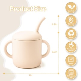 Silicone Baby Cup with Straw, Straw Cup for 6 months+ old, Leak Proof Silicone Baby Training Cup 6 fl oz (Green+Beige)