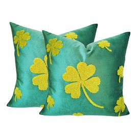Qupace Pack of 2 St. Patrick's Day Pillow Covers18x18in,Embroidered Clover Decor Pillow Covers for Sofa Couch,Spring Green Cushion Cover St. Patrick's Day Home Decor