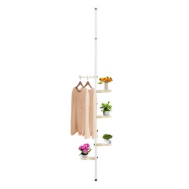 7 Tier Indoor Storage Pole,Corner Storage Rack,Adjustable Plant Pot Stand,Telescopic Floor to Ceiling Shelf with Drying Rod,White