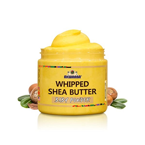 AKWAABA Whipped Shea Butter (Baby Powder) 12 oz - Body & Hair Moisturizer - With Raw Shea Butter from Ghana - Rich Vitamins A and E - Natural Yellow