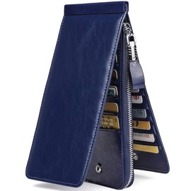 JEEBURYEE Women's Oil Wax Real Leather Multi Credit Card Holder Wallet RFID Blocking Long Bifold Clutch Wallet Ladies Purse with Zipper Pocket Blue
