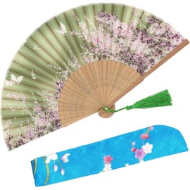OMyTea "Sakura Chinese/Japanese Women Hand Held Silk Folding Fans with Bamboo Frame - With a Fabric Sleeve for Protection (WZS-6)