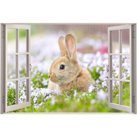 Easter Wall Sticker - Rabbit Photograph Open Window Art Decal (90cm Width x 60cm Height)