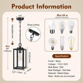 1 Pack Outdoor Pendant Light for Porch,Black Lantern Hanging Chandelier with Adjustable Chain, Anti-Rust Exterior Hanging Ceiling Fixture for Hallway,Front Door,Entryway,Patio