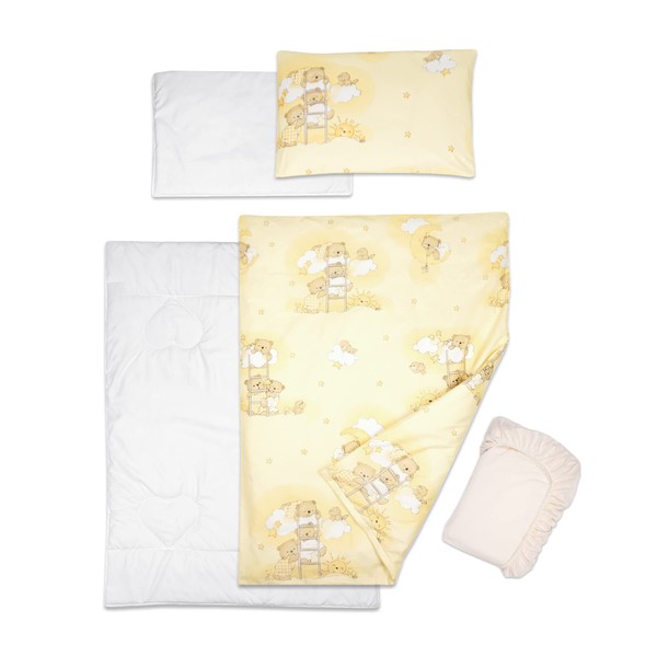 5 Piece Baby Bedding Duvet Pillow with Covers & Jersey Sheet fits 140x70cm Cot Bed (Ladders Yellow)