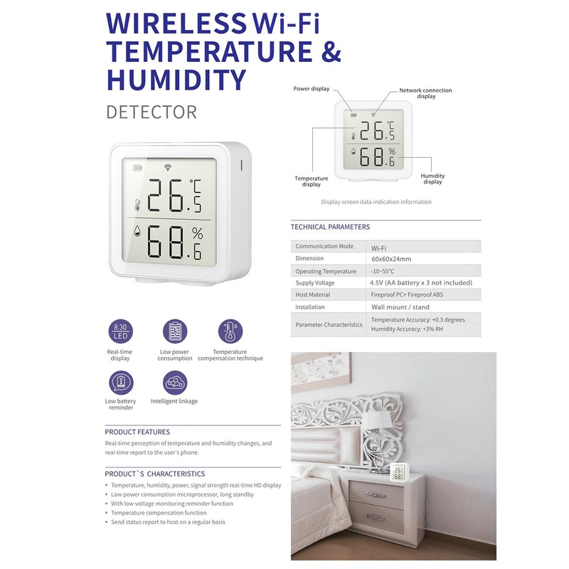 WIFI Temperature and Humidity Sensor Smart Wireless Hygrometer Thermometer Detector