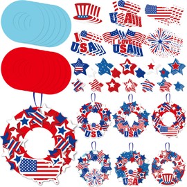 Lunmon 24 Sets 4th of July Wreath Crafts for Kids Bulk Patriotic Wreath Crafts Kit with American Flag Star Patriotic Hat Fireworks USA DIY Wreath Crafts Ornament for Independence Day School Art