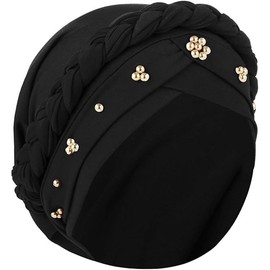 Poeruse 2PCS Turbans for Women Tied Twisted Braid Hair Beaded Headscarf Turban Head Wraps African Beanie Headwraps (Black)
