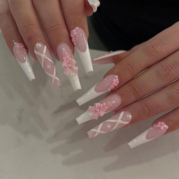 CAEEA Press on nails French rectangular false nails glossy sticky