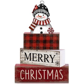 Lineshading 4 Pcs Christmas Table Decoration Wooden Snowman Christmas Tiered Tray Decor Red Buffalo Plaid Block Signs Snowman Table Centerpiece Farmhouse Winter Decoration for Home Kitchen Shelf