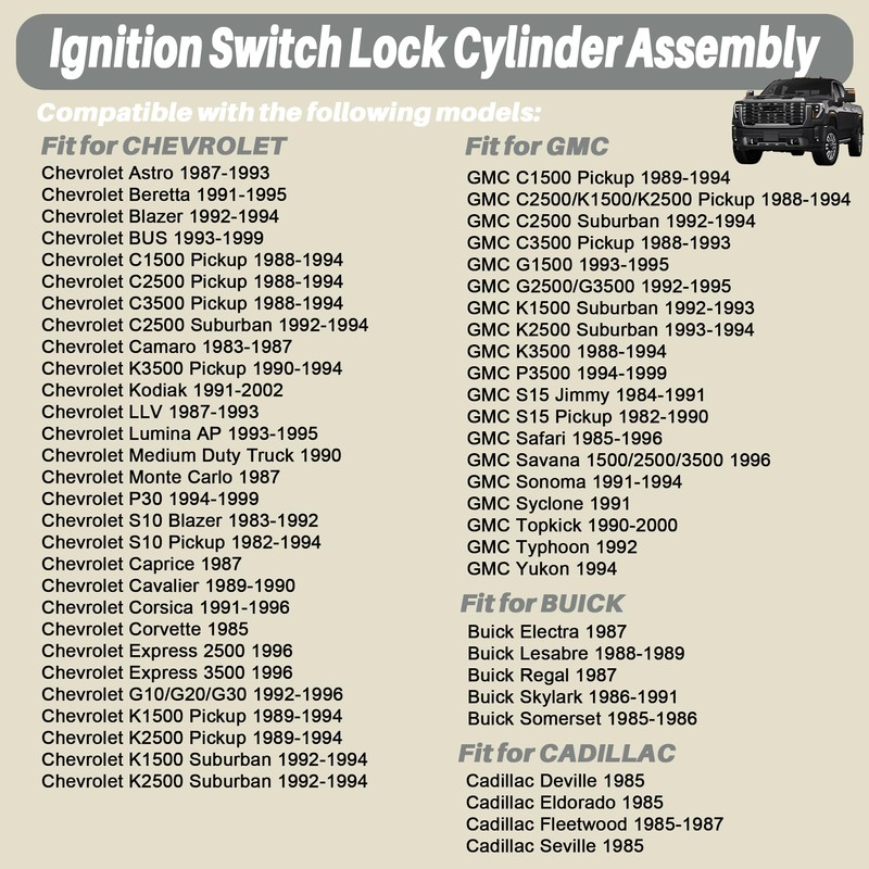 Ignition Switch Lock Cylinder & Door Lock Cylinder Set Compatible