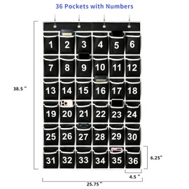 SAVERHO 36 Pockets Black Numbered Classroom Pocket Chart for Cell Phones, Hanging Pocket Chart Storage for Classroom Phone Calculator Holder with 4 Hooks (Black-36pockets)