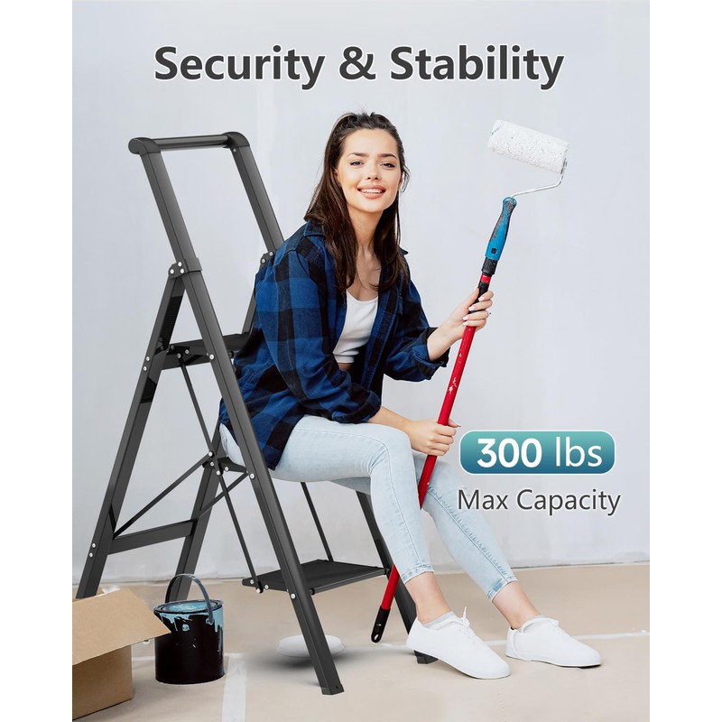 SOLADDER 3 Step Ladder, Slim Folding Steps Stool with Handrail,