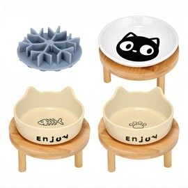 3PCS Elevated Cat Bowls with Silicone Slow Food Dispenser,Wide Raised Ceramic Cat Dishes with Bamboo Stand, Whisker Friendly Pet Water or Food Plates Feeding Station for Indoor Cats, Kitten