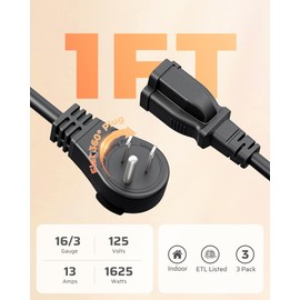 DEWENWILS 360° Rotating Flat Plug Extension Cord 1FT, 16/3 Gauge 3 Prong Grounded Power Cord, 125V/13A/1625W, Space-Saving Size for Indoor Narrow Space, ETL Certified, 3 Pack, Black