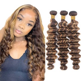 muaowig Highlight Bundles Ombre Deep Wave Bundles Tow Tone Hair 3 Bundles P4/27 Dark Brown Hair Brazilian Natural Hair Remy Hair Human Hair 3 Bundles 22 24 26 inch