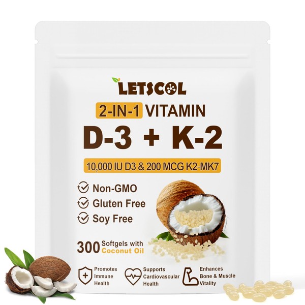 LETSCOL 2-in-1 Vitamin D3 K2 Supplement Softgel, Vitamin D3 10000