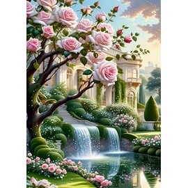 CHWGLFGG 5D Landscape Diamond Art Kits for Adults Beginners, DIY Full Round Drill Diamond Painting Kits Rose Manor,Paint by Diamonds Dot Gem Art Crystal Garden Scenery Easy,Home Wall Decor 12X16Inch