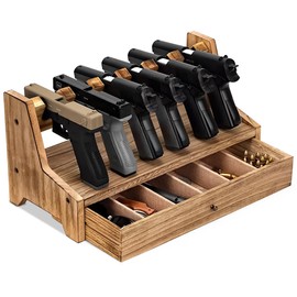 BIOPRONEXT Wooden Handgun Rack With Extra Storage Drawer - Safe Organizer for Cabinets & Nightstands - Fits Most Pistols, Great Gift for Gun Owners - Brown Finish