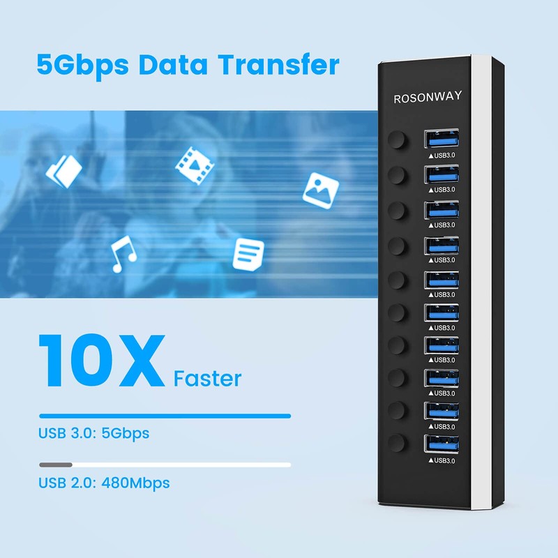 Rosonway - Hub USB de 10 puertos USB 3.0 de