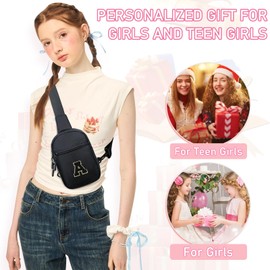 KKXIU Gifts for 6 7 8 9 10 11 12 Year Old Girls Initial Sling Bag Trendy Crossbody Fanny Pack for Teens (A, Black)