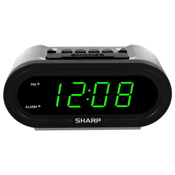 SHARP Alarma digital con AccuSet - Reloj inteligente automático, nunca necesita configuración, ideal para personas mayores, niños y todos los que no quieren configurar un reloj. Caja plateada con LED verdes