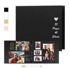 Aevdor 3 Ring Scrapbook Album 40 Sheets 80 Pages, 10x10 Inch DIY Scrap Book Thick 250gsm Kraft Paper, Memory Book with A Metallic Pen and Corner Sticker for Baby Wedding Family Kids Photos (Black)