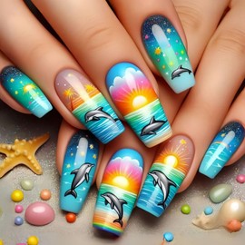 Dolphin Press on Nails Medium Ballet Shaped Sunset Waves Pattern Design Beach Artificial Fingernails Full Cover Glossy Ocean Acrylic Fake Nail Medium Press Ons Stick on Nails for Women 24Pcs