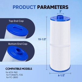 BIHARNT 6CH-960 Spa Filter Compatible with PJW60TL-F2S,Jacuzzi Filters J-300, J400,Filbur FC-2800,6540-476, 6540-383,60 Sq. Ft Hot Tub Filter Cartridge with Closed Handle(Not be Removed),2-Pack
