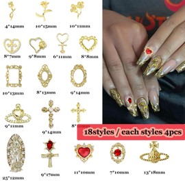 KACHIMOO 72PCS Gold Charms for Nails Gold Cross Nail Charms Gold Nail Gems Y2K Nail Art Charms Chrome Heart Nail Charms Y2K Rose Charms Virgin Mary Metal Nail Gems 3D Chrome Nail Decorations