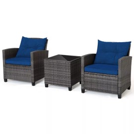 COSTWAY 3PCS Patio Outdoor Furniture Conversation Rattan Set w/Tempered Glass Tabletop