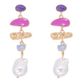 Long Pearl Drop Earrings for Women,Vintage Statement Baroque Pearl Earrings Colored Glaze Enamel Trendy Dangling Hanging Wedding Prom Bridal Earrings Jewelry (purple)