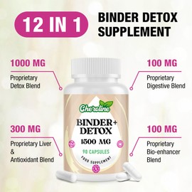 Cheroline Binder Detox Capsules 1500mg, with Activated Charcoal for Toxins, 12 in 1 Liver Gut Detox for Digestive & Bloating Relief, 90 Vegan Capsules (90 Count (Pack of 4))