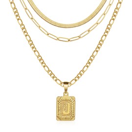 Honsny 3 PCS Gold Layered Necklace Set for Women Gold Filled Dainty Paperclip Snake Choker Figaro Chain Layering Necklaces Jewelry Gifts Square Pendant Letter A-Z