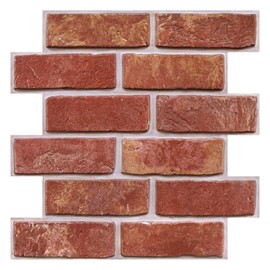 COMSTICKC 3D Red Brick Peel and Stick Wall Panels,10 Pcs of 12"X12",Small Size, Thin PVC 3D Fake Brick Self Adhesive Wall Covering Faux Brick Backsplash Interior Decor
