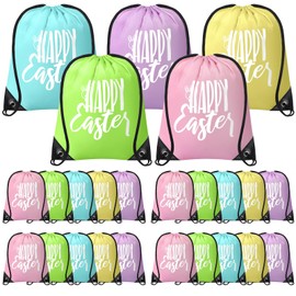 Sweetude 20 Pack Easter Drawstring Backpack Bulk Happy Easter Bunny Large Polyester String Cinch Bags Party Favor Backpack Supplies, 11.81 x 9.84 in