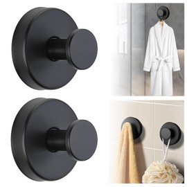 QQM Suction Cup Hooks for Shower, Tile, Kitchen, Glass Door, Mirror, Towel Hooks for Bathrooms, No Drill Suction Bathroom Hooks for Hanging Bath Robe/Coat/Towels - Black (2 Pack)