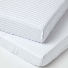 HOMESCAPES 2er-Set Damast Spannbettlaken für Kinderbett 70x140 cm weiß, Kinder-Spannbetttuch ägyptische Baumwolle mit Satin-Streifen